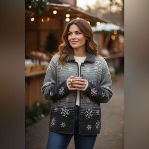 Vintage Marisa Christina Grey Ombre Button Front Snowflake Cardigan Sweater